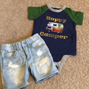 GAP onesie and denim shorts from H & M